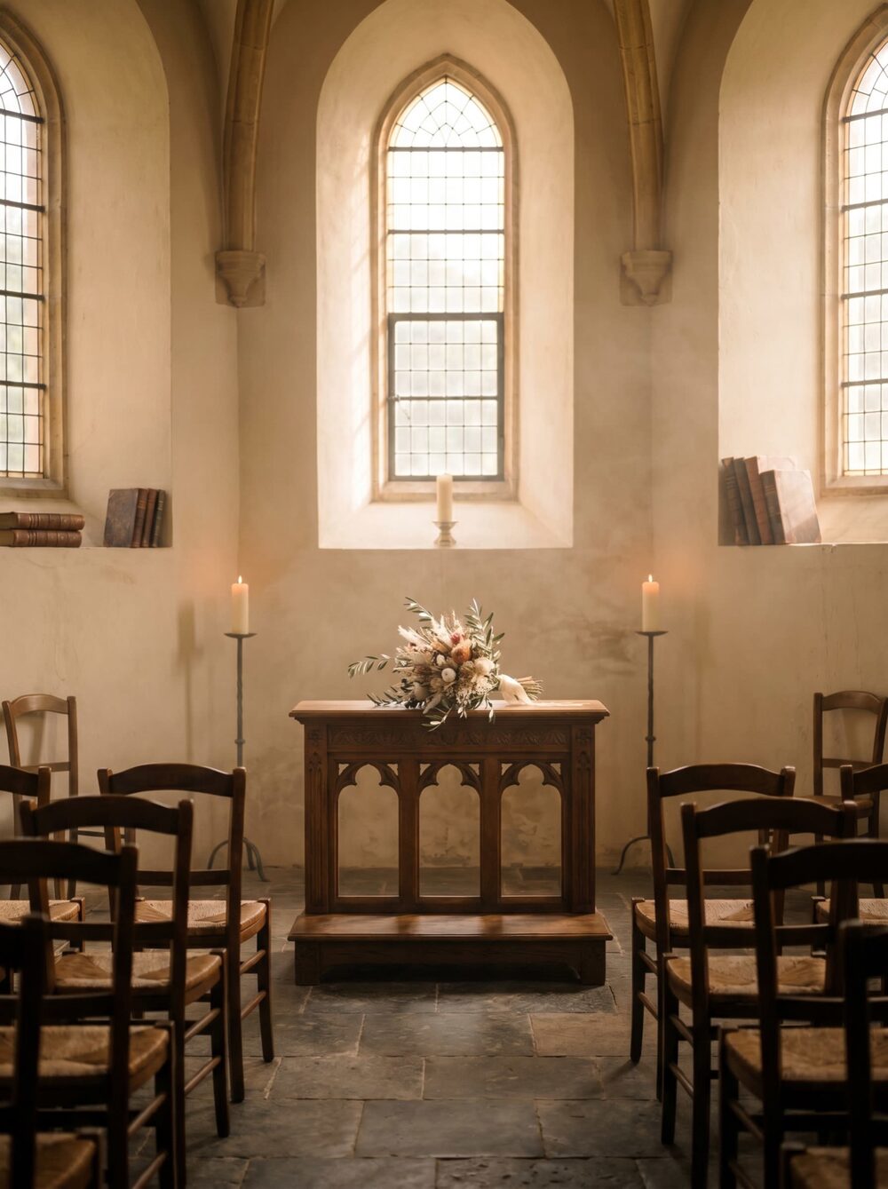Civil + religious wedding ceremony — chapel interior