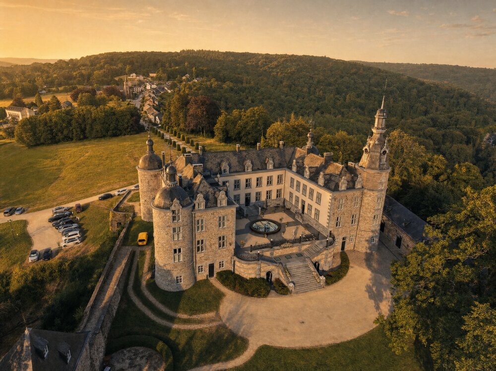 Château de Mirwart and the Ardennes forest from the air — our frame of the wedding day in June 2026, stylised