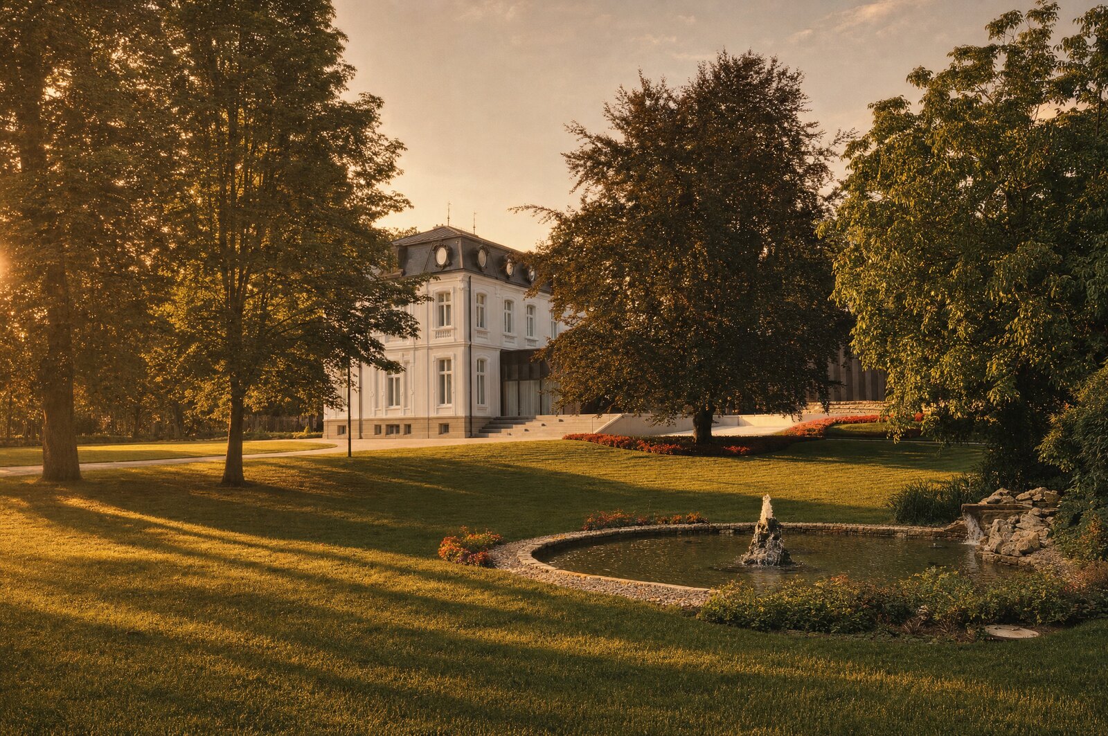 Villa Vauban and its park in Luxembourg City at golden hour — stylised from a photograph of the museum