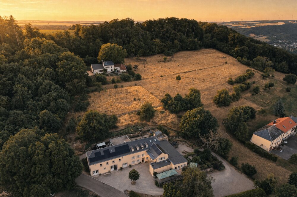 Hazelnut House above the Mullerthal valley from the air — our drone frame of the wedding day in July 2026, stylised