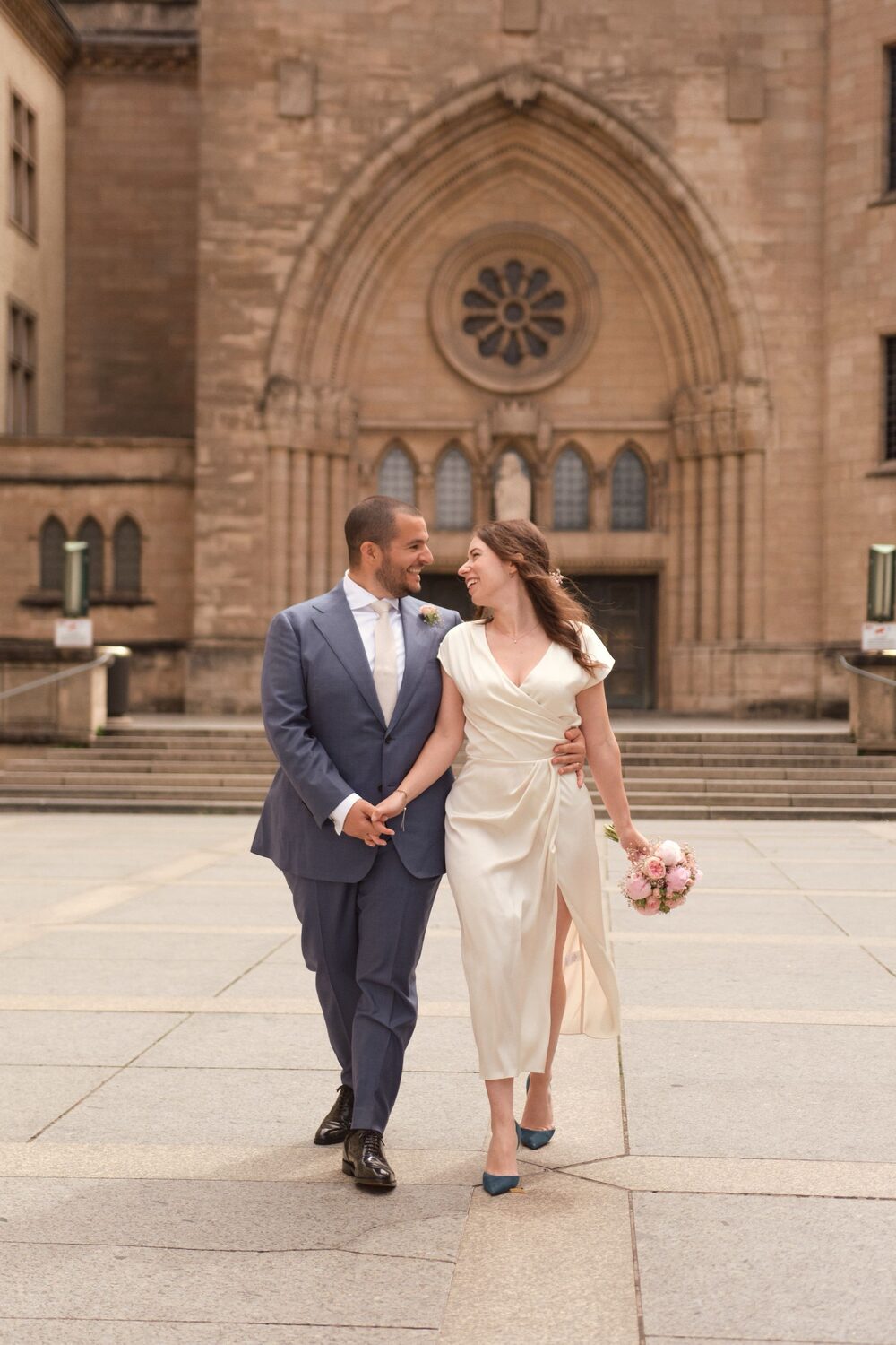 Couple walking old town street
